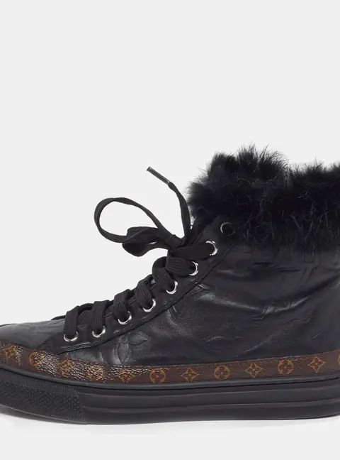 Louis Vuitton Size 36.5 Black Monogram Canvas, Leather and Mink Fur High Top Sneakers