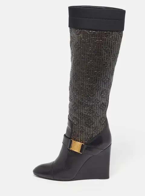 Louis Vuitton Motard Size 39.5 Black/Metallic  Leather and Monogram Nylon Knee Length Boots