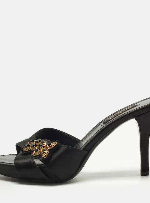 Louis Vuitton Size 36 Black Satin Embellished Mules
