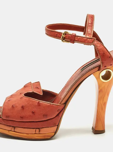 Louis Vuitton Size 38.5 Red Ostrich Leather Ankle Strap Sandals