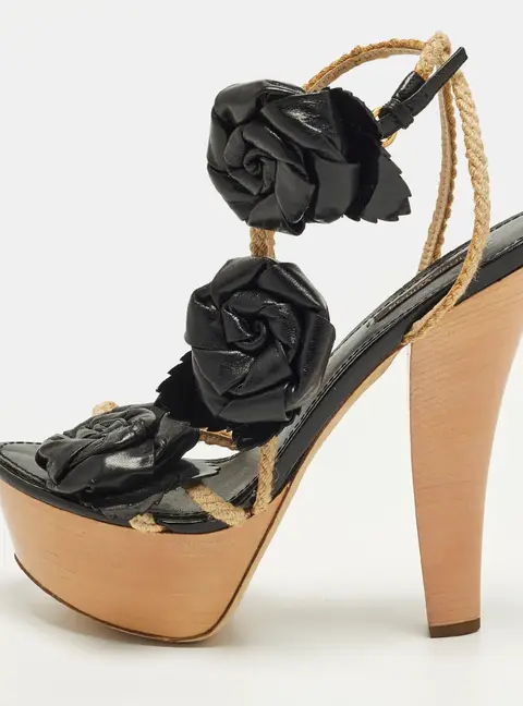 Louis Vuitton Size 39 Black Leather Floral Applique Rope Strap Platform Sandals