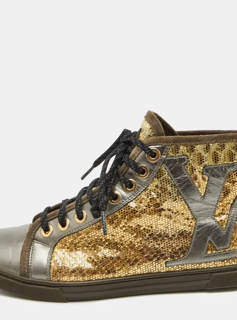 Louis Vuitton Size 38 Gold/Grey Leather and Snakeskin Leather High Top Sneakers