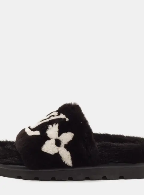 Louis Vuitton Waterfront Size 39 Black Monogram Mink Fur Flat Slide Sandals