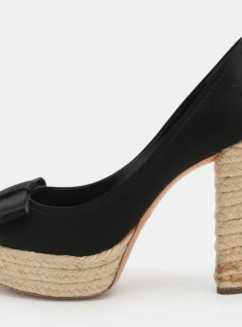 Louis Vuitton Size 38 Black Satin Bow Detail Espadrille Peep Toe Platform Pumps