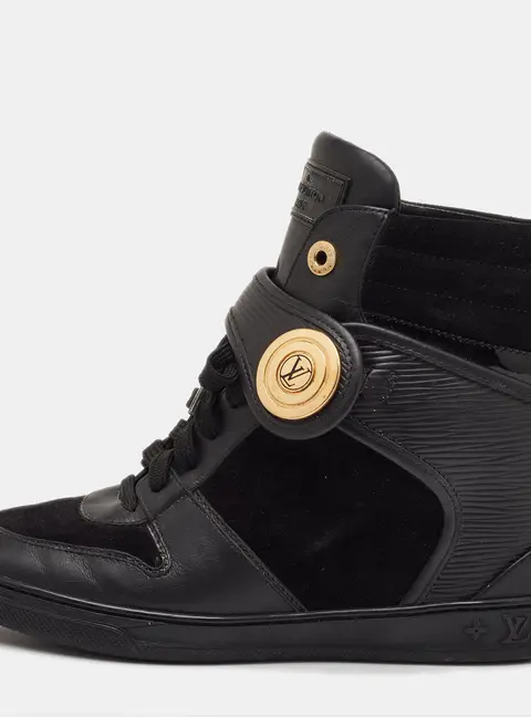 Louis Vuitton Size 36.5 Black Epi Leather and Suede Wedge Sneakers