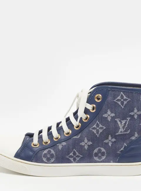 Louis Vuitton Size 37 Navy Blue/White Monogram Denim and Leather Cap-Toe Punchy High Top Sneakers