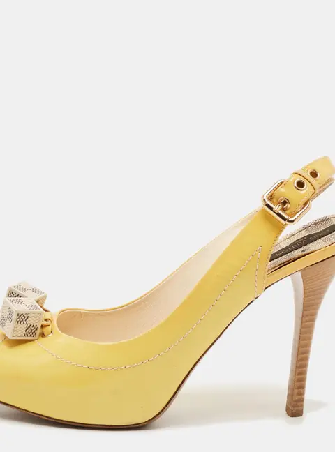 Louis Vuitton Dice Size 38 Yellow Patent Leather Peep Toe Slingback Pumps