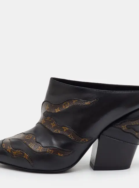 Louis Vuitton Size 40 Black Monogram Canvas and Leather Pointed Toe Mules