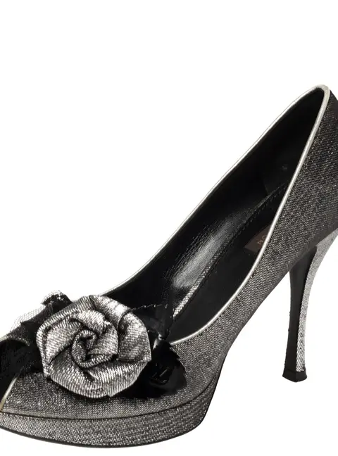 Louis Vuitton Silver Lurex Fabric Floral Peep Toe Pumps Size 39