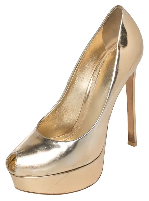 Louis Vuitton Metallic Gold Leather Peep Toe Platform Pumps Size 37