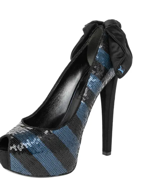 Louis Vuitton Blue/Black Sequin Peep Toe Platform Pumps Size 38