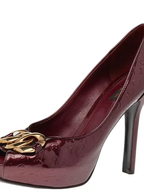 Louis Vuitton Burgundy Monogram Patent Leather Chain Detail Peep Toe Platform Pumps Size 40