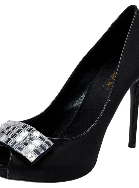 Louis Vuitton Black Satin Embellished Peep Toe Pumps Size 39