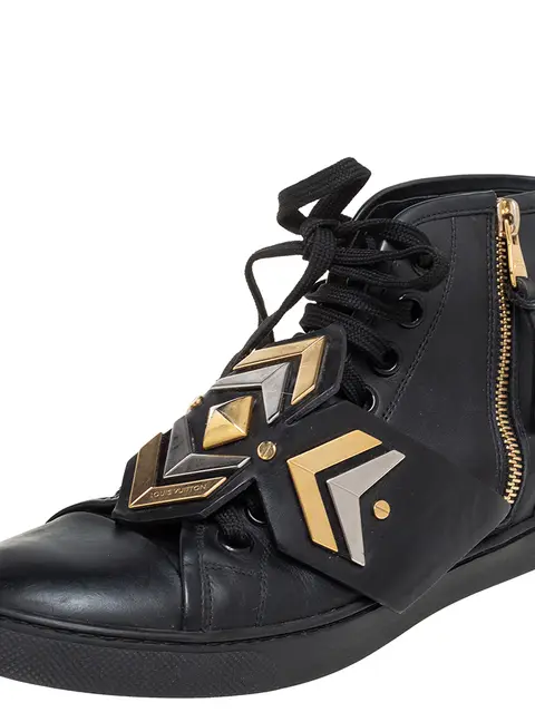 Louis Vuitton Black Leather Karakoram Pattern Punchy Sneaker Boots Size 36