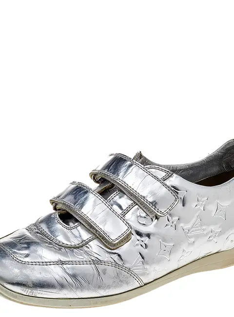 Louis Vuitton Silver Monogram Leather Velcro Strap Low Top Sneakers Size 40
