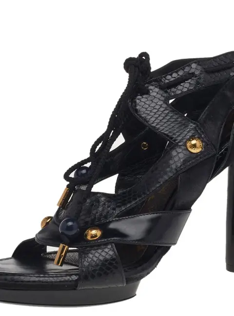 Louis Vuitton Size 41 Black Leather, Python Leather and Suede Sandals