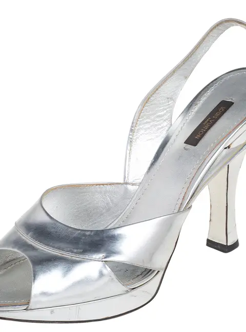 Louis Vuitton Silver Leather  Peep Toe Slingback Sandals Size 41