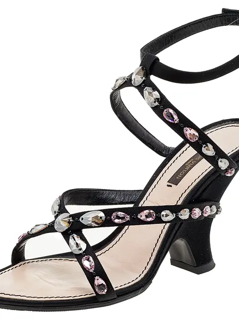 Louis Vuitton Black Satin Crystal Embellished Ankle Strap Sandals Size 39