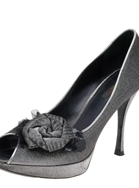 Louis Vuitton Silver/Black Lurex Fabric Floral Peep Toe Pumps Size 39.5