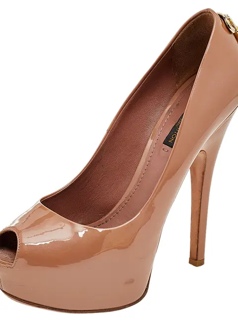 Louis Vuitton Dark Beige Patent Leather Oh Really! Peep Toe Platform Pumps Size 37.5