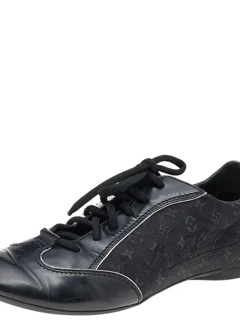 Louis Vuitton Black Leather and Monogram Canvas Low Top Sneakers Size 38