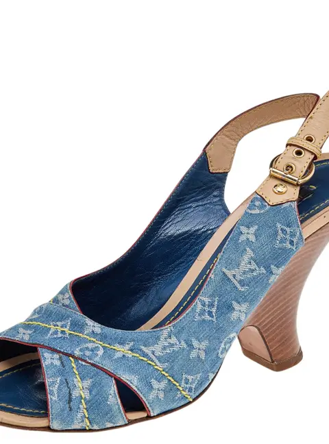 Louis Vuitton Blue Monogram Denim and Leather Slingback Sandals Size 38.5