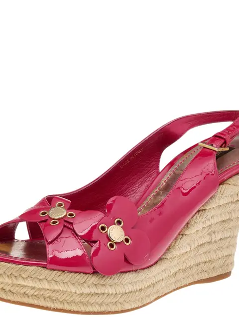 Louis Vuitton Pink Patent Leather Embellished Wedge Platform Slingback Sandals Size 39.5