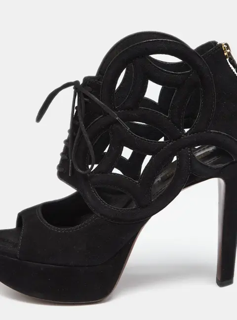 Louis Vuitton Black Suede Cutout Monogram Lace Up Platform Sandals Size 37.5