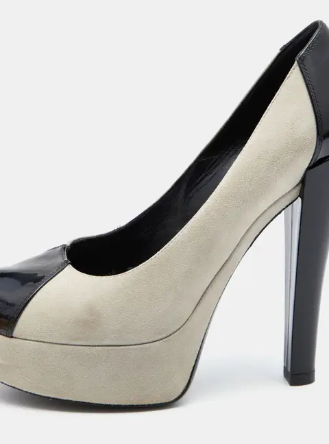 Louis Vuitton Grey/Black Suede And Patent Leather Peep Toe Platform Pumps Size 37