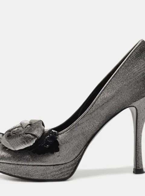 Louis Vuitton Metallic Grey/Black Lurex Fabric Floral Peep Toe Pumps Size 38