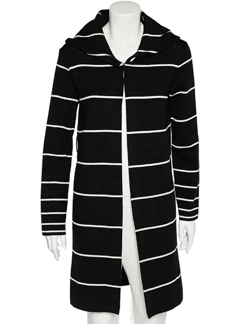 Love Moschino Black Striped Wool Hooded Mid Length Overcoat M