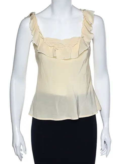 Love Moschino Cream Silk Ruffled Neck Sleeveless Top S
