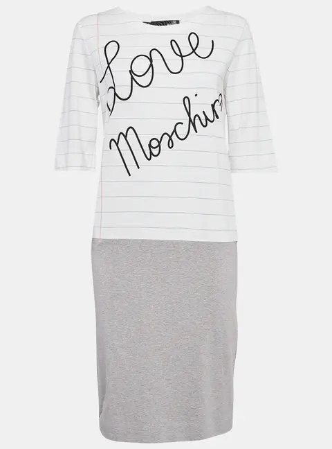 Love Moschino White & Grey Book Paper Printed Cotton T-Shirt Dress M