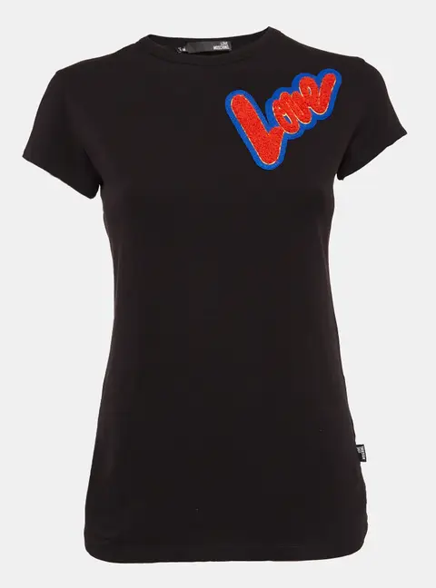 Love Moschino Black Cotton Knit Love Patch Detail T-Shirt S