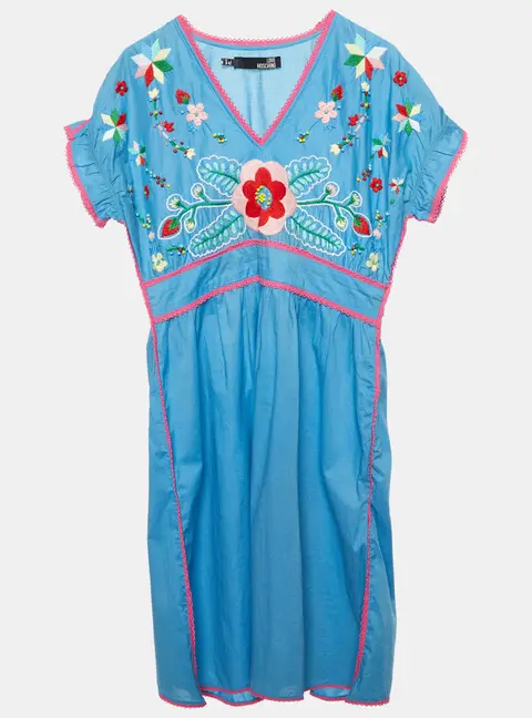 Love Moschino Blue Floral Embroidered Cotton V-Neck Dress M