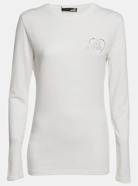 Love Moschino White Logo Rhinestone Jersey Long Sleeve T-Shirt M