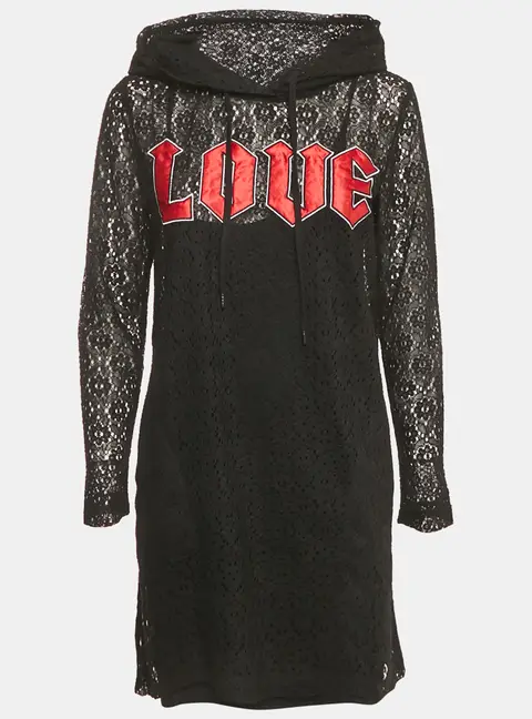Love Mocshino Black Love Applique Mesh Hooded Dress M