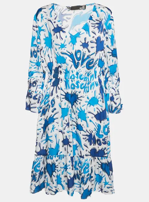 Love Moschino Blue/White Paint Splashed Satin Midi Dress M