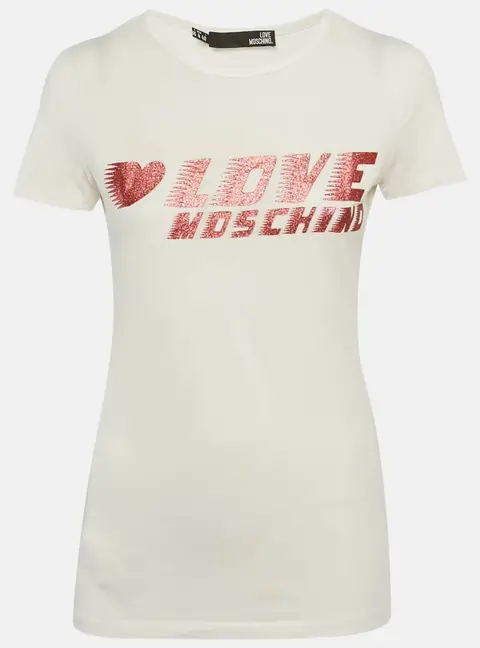 Love Moschino White Glitter Logo Printed Cotton Knit T-Shirt S
