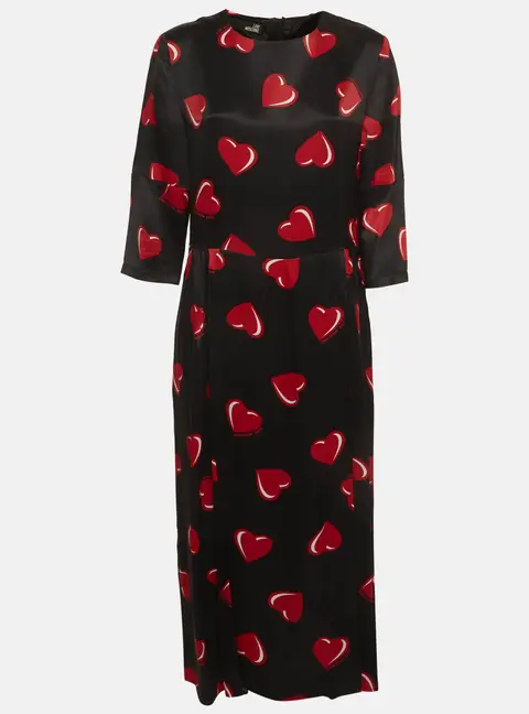 Love Moschino Black Heart Print Satin Flared Midi Dress L