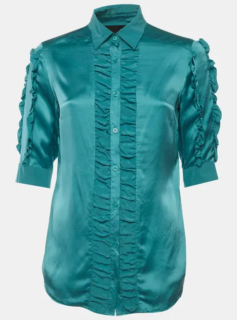 Love Moschino Teal Blue Ruffled Satin Shirt S