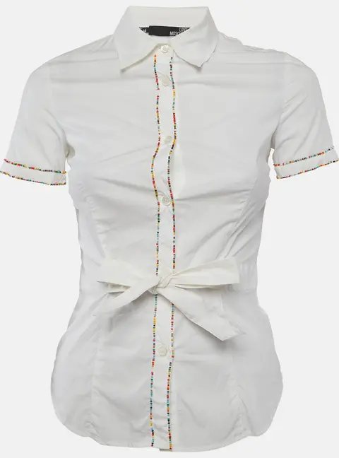 Love Moschino White Beaded Cotton Belted Shirt S