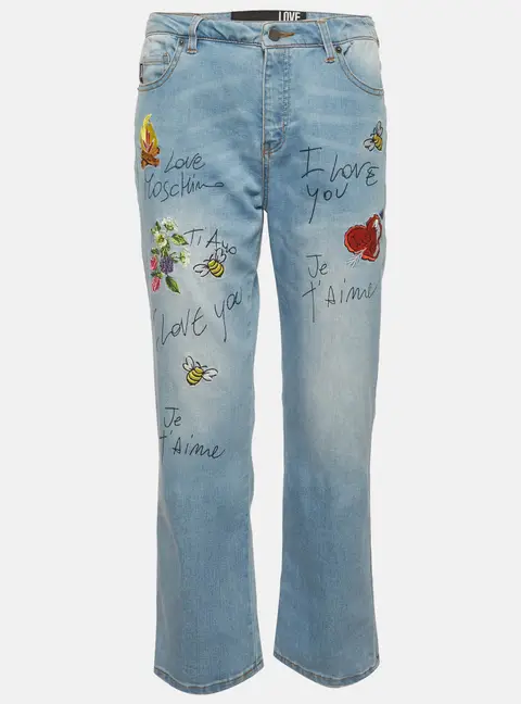 Love Moschino Blue Love Applique and Print Denim Cropped Jeans M/Waist 30"