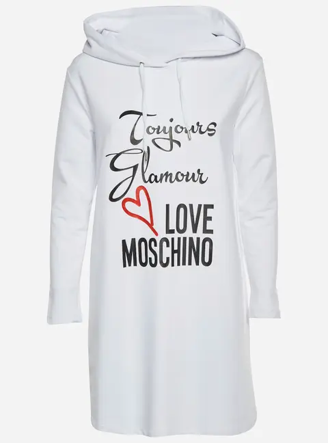 Love Moschino White Logo Print Cotton Knit Hooded Sweatshirt Dress S
