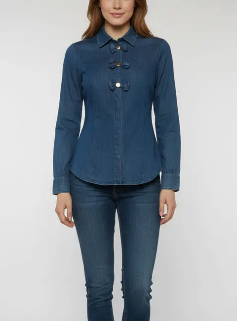 Love Moschino Blue Bow Embellished Chambray Shirt M
