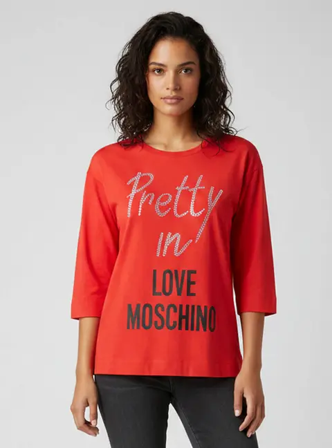 Love Moschino Red Embellished Jersey Crewneck T-Shirt S