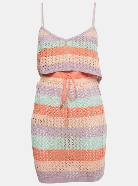 Lovers + Friends Pink/Blue Striped Crochet Skirt and Top L