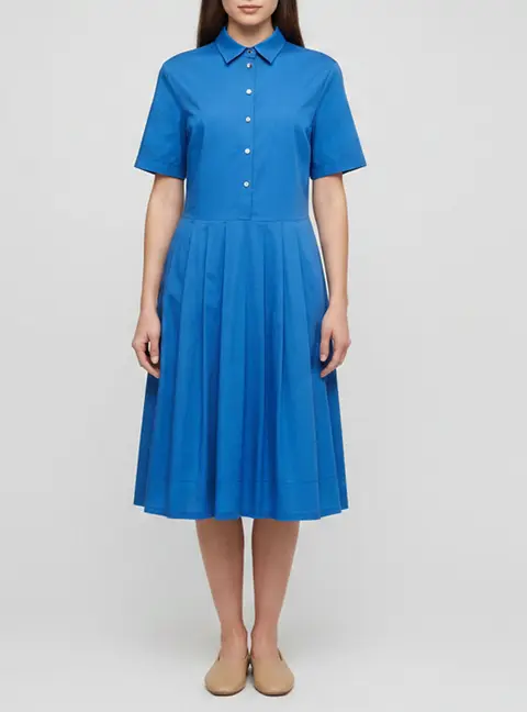 P.A.R.O.S.H. Navy Blue Cotton A-line Pleated Dress L