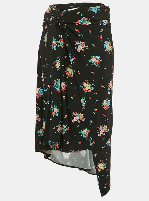 Paco Rabanne Black Floral Print Jersey Asymmetric Midi Skirt S