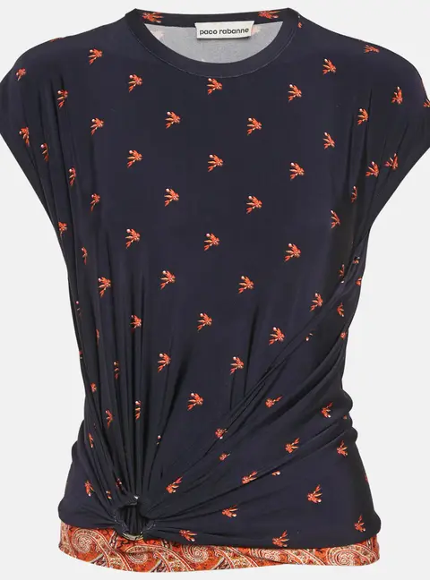 Paco Rabanne Navy Blue Printed Jersey Knot Detail Top S